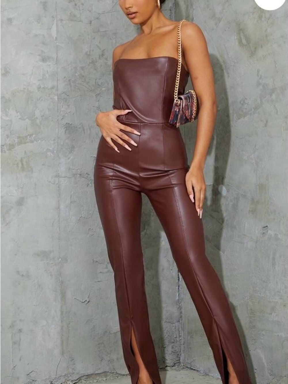 Strapless Brown/Burgundy Faux Leather Jumpsuit